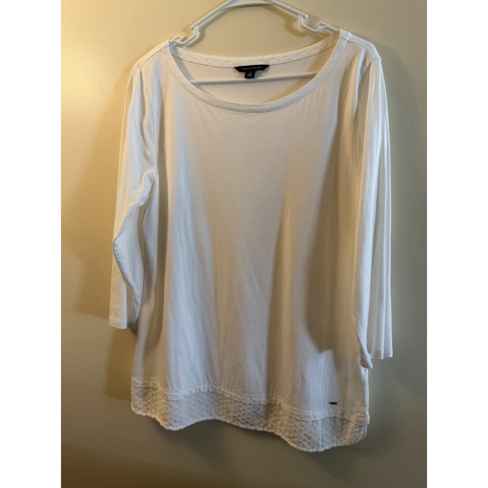 Tommy Hilfiger Tunic Top Womens Xl White Lace Trim 3/4 Sleeve Blouse
